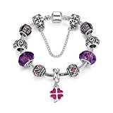#8: WOSTU 赤い幸運草のペンダント ピンクジルコン パープルガラスビーズ シルバーブレスレット チャームアクセサリーパーツ レディースジュエリー 18cm
