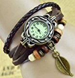 #8: 【アンティーク風 レザー ブレスレット ウォッチ リーフ チャーム付】本革 ベルト クォーツ腕時計 (ブラック)