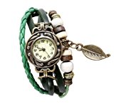 #7: アンティーク調 本革 ベルト レザー ラップブレス 腕時計 リーフチャーム　ブレスレット ウォッチ　Newカラー追加10色 (グリーン)