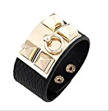 #9: スタッズ レザー ブレスレット バングル ブラック × ゴールド ロック パンク 腕輪