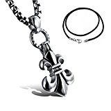 #10: CLY STYLE ユリ 紋章 百合の紋章 ペンダント ベネチアンチェーン メンズ ネックレス 編み込みレザー紐（合皮）付き サージカル ステンレス316L 金属アレルギー対応 シルバー