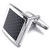 #10: KONOV ジュエリー ファッション アクセサリー メンズ カフス, カフスボタン, セット, クラシック 広場 四角 正方形, カーボン 炭素繊維, 合金, カラー:ブラック; シルバー(銀);[ギフトバッグを提供]