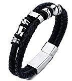 #10: LibAmile(リブアマイル) ブラック メンズ レザー ブレスレット 腕輪 アクセサリー ステンレス製 20.5cmファッション 黒 二連ブレスレット プレゼント ジュエリー 編みこみレザー シンプルカジュアル シルバー ジュエリーポーチ付き (メンズ用)