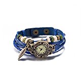 #4: Rockyu ジュエリー メンズ レディース ブレスレットウォッチ レトロ カラー 腕輪 編み込み 格好いい 麻 革 合金 バングル 青 ブルー 時計ブレスレット