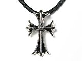 #9: 【Fenice】ゴシック クロス 編込みレザーチョーカー シルバーペンダント ネックレス 【エンドパーツ付き】 簡単長さ調節