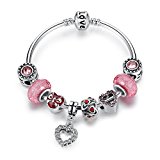 #10: WOSTU ハートペンダント チャームブレスレット ピンクガラスビーズ ガールズブレスレット 17cm/19cm