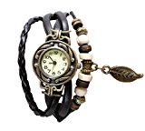 #5: アンティーク調 本革 ベルト レザー ラップブレス 腕時計 リーフチャーム　ブレスレット ウォッチ　Newカラー追加10色 (ブラック)