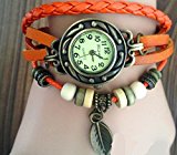 #10: アンティーク調 本革 ベルト レザー ラップブレス 腕時計 リーフチャーム　ブレスレット ウォッチ　Newカラー追加10色 (オレンジ)