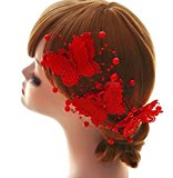 #3: ビジュー付 蝶 ヘッドドレス コサージュ 髪飾り ヘッドアクセサリー ( ウエディング 結婚式 ) 3点セット レッド