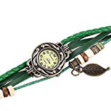 #4: 【アンティーク風 レザー ブレスレット ウォッチ リーフ チャーム付】本革 ベルト クォーツ腕時計 (グリーン)