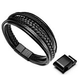 #3: [MURTOO]ムートー多重編みと平ら本革ステンレスバックルメンズレザーブレスレット (ブラックレザー)