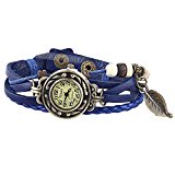 #7: 【アンティーク風 レザー ブレスレット ウォッチ リーフ チャーム付】本革 ベルト クォーツ腕時計 (ブルー)