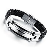 #8: MOWOM シルバー ブラック ステンレス 本革 ブレスレット バングル カフ バングル クロス 十字架
