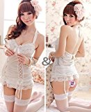 #6: 【Y & T】 3色展開 悩殺 セクシー レディ ランジェリー ベビードール ガーターベルト T バックショーツ 網タイツ 4点 セット シュミーズ コスブレ 黒 白 ピンク YYX61 (ホワイト)