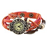 #4: 【アンティーク風 レザー ブレスレット ウォッチ リーフ チャーム付】本革 ベルト クォーツ腕時計 (ライトブラウン/オレンジ)