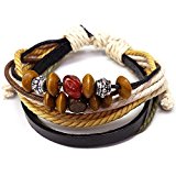 #4: レザーブレス メンズ 本革 本皮 男性用 シルバーに重ね付けも 茶色系 ブラウン ウッドビーズ[b214] 口