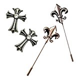 #3: (エーケー) AK Style メンズ ラペルピン カラーピン セット クロス 十字架 百合紋章 フルールドリス ユリ ブローチ アンティーク 加工 ラインストーン ピンバッチ 結婚式 パーティー スーツ 装飾 モチーフ