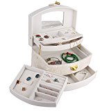 #4: ローリング(Rowling) エンボス調 ジュエリーボックス 携帯用　アクセサリーケース　鏡付き　3段　アーチ型　アイボリー