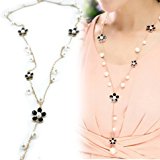 #8: パール　花　ネックレス　ペンダント　ラリエット風　ロング　ゴールド　ビジュー　黒　キュート　セレブ　　ファッション　小物　ギフト　プレゼント