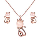 #5: Yoursfs ピンクゴールドメッキ オパール ネックレス＋イヤリング セット ペンダント 猫 ニャンコ かわいい 和風 人気 おしゃれ 母の日