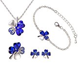 #3: Phoenix 幸運 四つ葉のクリスタル クローバー ネックレス ＆ ブレスレット ＆ ピアス ＆ ブローチ 計 4種セット (ブルー)