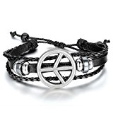 #3: JewelryWe ジュエリー ファッション アクセサリー メンズ ブレスレット,クラシック シンプル ピースマーク 編込み,長さは調節可，レザー 本革, 合金, コットンコード,カラー:ブラック; シルバー(銀);[ギフトバッグを提供]