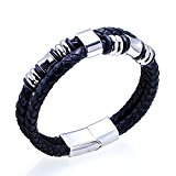 #1: DIFINO ブラック メンズ レザー ブレスレット アクセサリー 腕輪 ステンレス製 20.5cm 【ギフトボックス付き】