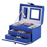 #10: ローリング（Rowling）コンパクト　ジュエリーボックス　鍵付き　アクセサリーケース　3段タイプ 引出し2段　ミラー付き　　 ブルー