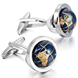 #5: MOWOM シルバー ブルー 青 2 個 ロジウムメッキ カフス カフスボタン セット グローブ 地球儀 シャツ 結婚式 ビジネス