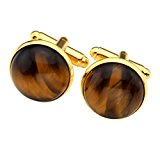 #7: PiercingJ 金属 天然黄タイガーアイ メンズ カフスボタン ビジネス 結婚式 フォーマル プレゼント ２個入り アクセサリーケースを提供 (金色)