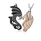 #6: TICENTRAL 天使の羽 ＆悪魔の翼 エンジェル モチーフ ウィング ペンダント,羽根 ネックレス カプッル お揃い 2個 セット チョーカー ,彼氏 彼女 恋人 CZダイヤモンド アクセサリー カラー：ブラック（黒）ピンクゴールド