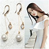 #3: 【期間限定 Sale] 18KGP 一粒 ダイヤ　パール真珠　 細顏 揺らめく 目線集中 アメリカン ピアス ウェーブ ピアス ・ ロングピアス (箱入り）