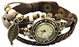 #3: 【アンティーク風 レザー ブレスレット ウォッチ リーフ チャーム付】本革 ベルト クォーツ腕時計 (グリーン)
